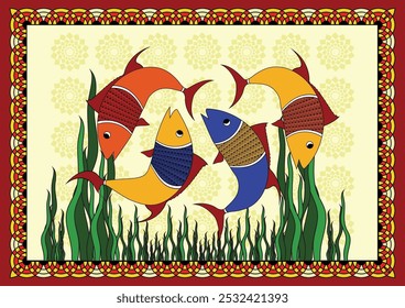 Whispers of the Deep: A Serene Gond Artwork of Enchanting Fish. Gond fish painting, Indian folk art fish, Tribal fish artwork, Gond aquatic art.