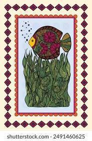 Whispers of the Deep: A Serene Madhubani Artwork - Enchanting Fish.  Madhubani art, saree painting Madhuban, Indian folk art Fish, Madhubani culture, Wall decor, Handmade. 