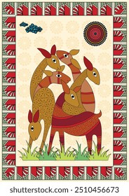 Susurros del Bosque: Una Serena Obra de Arte de Gond de un Ciervo. Pintura de ciervos Gond, ciervo de arte popular indio, obras de arte de ciervos tribales, arte del bosque Gond, pintura de animales salvajes Gond.