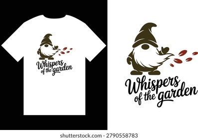 Whispers Of The Garden Typography Vector Design with Cute Nature Gnome Silhouette and Flying Green Leaves in Wind