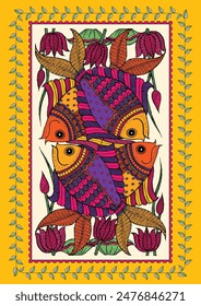 Whispers of Harmony: A Serene Madhubani Story - Fish and Lotus. Madhubani painting, Indian folk art, Traditional wall decor, Tree and bird art, Handcrafted Indian painting. 