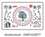 Whispers of Harmony: A Serene Warli Artwork - Depicting Rural Life. Tree Warli art, Rural life painting India, Indian tribal art, Warli village scene, Warli. 