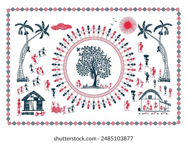 Whispers of Harmony: A Serene Warli Artwork - Depicting Rural Life. Tree Warli art, Rural life painting India, Indian tribal art, Warli village scene, Warli. 