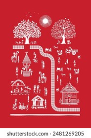 Whispers of Harmony: A Serene Warli Journey - Village Gathering by the Mango Tree. Warli art, Rural life painting India, Indian tribal art, Warli village scene, Warli.