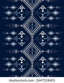 Whispers of the Isan. A seamless geometric tribal pattern featuring intricate diamond shapes and symmetrical linework in shades of indigo and white. Inspired by traditional ethnic textiles.