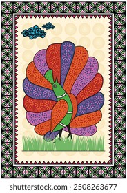 Susurros de la Jungla: Una Serena Obra de Arte de Gond de un Pavo Real. Pintura de pavo real Gond, arte popular indio pavo real, obras de arte de pavo real tribal, arte de pájaro Gond, pintura de fauna Gond.