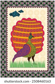 Whispers of the Jungle: A Serene Gond Artwork of a Peacock. Gond peacock painting, Indian folk art peacock, Tribal peacock artwork, Gond bird art, Wildlife Gond painting.