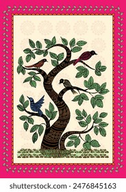 Whispers in the Leaves: A Serene Madhubani Story - Bird and Tree. Madhubani painting, Indian folk art, Traditional wall decor, Tree and bird art, Handcrafted Indian painting