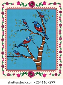 Whispers in the Leaves: A Serene Madhubani Story - Bird and Tree. Madhubani painting, Indian folk art, Traditional wall decor, Tree and bird art, Handcrafted Indian painting