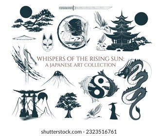 Whispers of rising sun: Japanese art collection. Hand drawn set of design elements for t-shirt, tattoo, print and stickers.Vector illustrations isolated on white background.