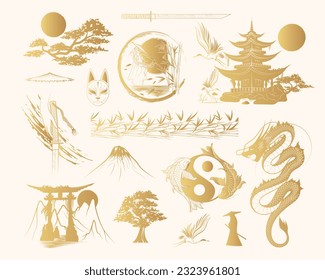 Susurros de sol naciente: Colección de arte japonés. Juego de dibujos a mano dorada de elementos de diseño para camisetas, impresiones y pegatinas. Ilustraciones vectoriales aisladas en fondo blanco.