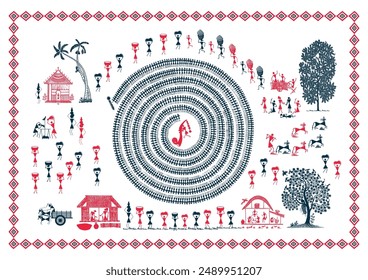 Whispers of the Village: A Serene Warli Artwork - Daily Life in the Countryside. Warli art rural life. Indian folk art harvest. Warli community art. Warli storytelling art. 