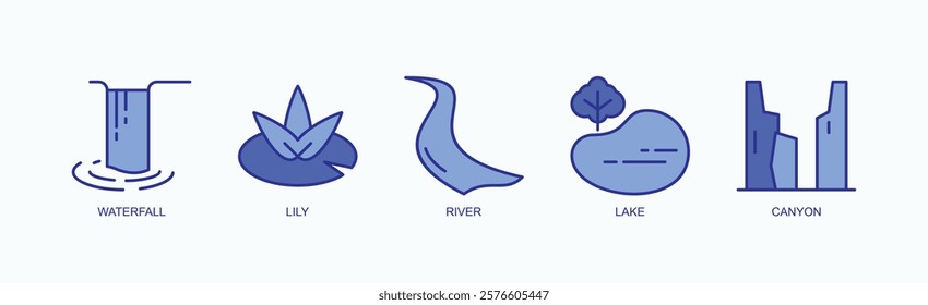 Whispers Of The Wild Icon Set Isolated Vector With Icon Of Waterfall, Lily, River, Lake, Canyon In Blue Style