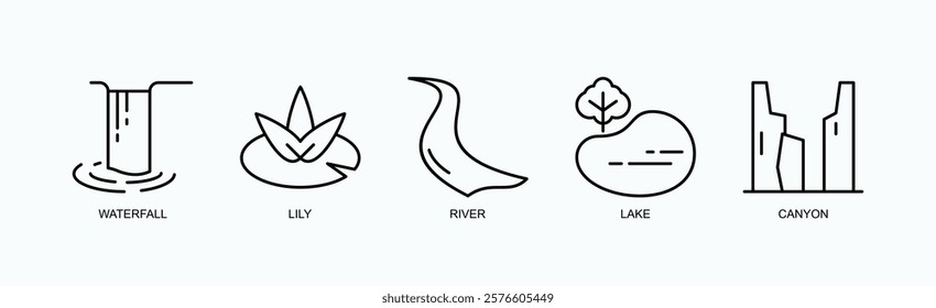 Whispers Of The Wild Icon Set Isolated Vector With Icon Of Waterfall, Lily, River, Lake, Canyon In Outline Style