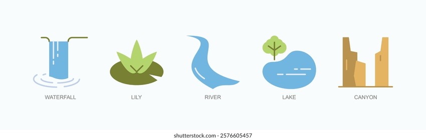 Whispers Of The Wild Icon Set Isolated Vector With Icon Of Waterfall, Lily, River, Lake, Canyon In Flat Style