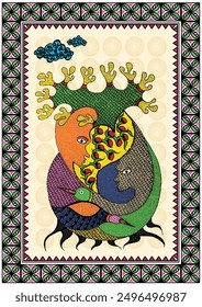 Whispers of the Wild: A Serene Gond Story - Bird and Human Connection. Gond art, saree painting Gond, Indian folk art Bird and Human Connection, Madhubani culture, Wall decor, Handmade.  