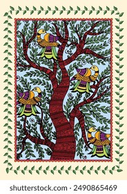 In: Whispers of the Wind: A Serene Madhubani Artwork - Bird in a Blossoming Tree. Madhubani Kunst, Sari-Gemälde Madhuban, indische Volkskunst Pfau, Madhubani Kultur, Wanddekor, handgemacht.