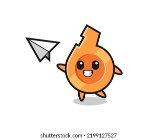 whistle cartoon character throwing paper airplane , cute design