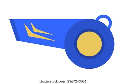 Whistle of coach in match for making signals to team players, sports device for sound and paying attention. Plastic object for training and competitions, finish or start. Vector in flat style
