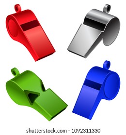 Whistle coaching blow mockup set. Realistic illustration of 4 whistle coaching blow mockups for web