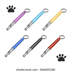 Whistle for dog training. Vector illustration. Isometric color set icons for web design isolated on white background
