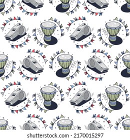 Whistle and Drum. Seamless pattern on a white background. Cute vector illustration.