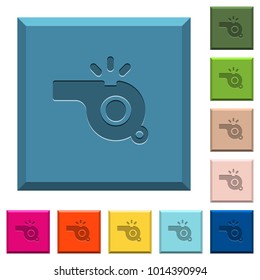 Whistle engraved icons on edged square buttons in various trendy colors