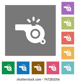 Whistle flat icons on simple color square backgrounds
