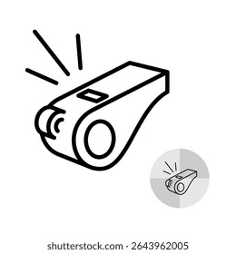 Whistle icon black line style. Sport referee or coach attribute symbol. Animal repeller sign