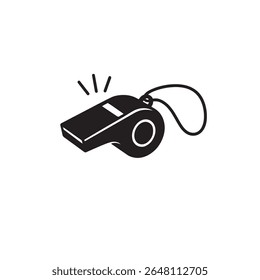 Whistle Icon Black and White - Referee, Coach, or Sports Whistle with Lanyard - Simple Vector Silhouette for Athletic and Alert Concepts
