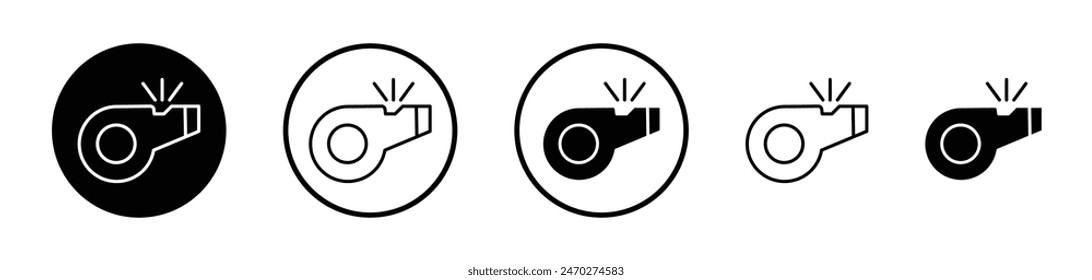 Whistle icon collection. Soccer or football match referee whistle vector icon. Trainer coach blow whistle emblem.