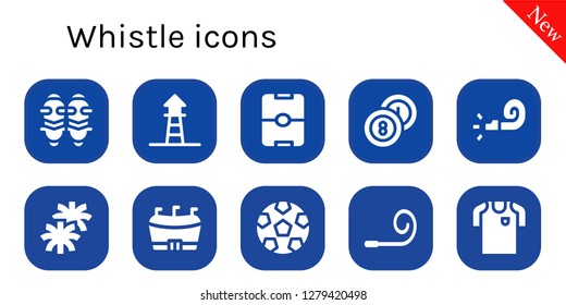  whistle icon set. 10 filled whistle icons. Simple modern icons about  - Shin guards, Lifeguard, Football, Billiards, Whistle, Pom pom, Soccer, Party blower, Football jersey