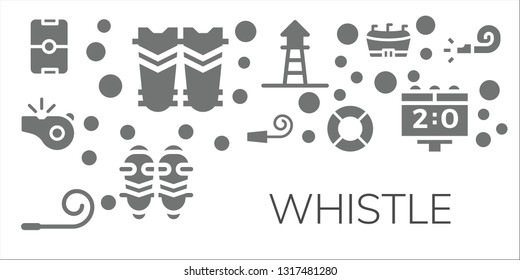 whistle icon set. 11 filled whistle icons.  Collection Of - Football, Shin guards, Whistle, Party Party blower, Lifeguard, Scoreboard