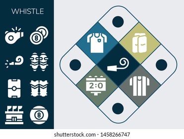 whistle icon set. 13 filled whistle icons.  Simple modern icons about  - Party whistle, Stadium, Billiard, Football, Shin guards, Referee, Billiards, Football jersey