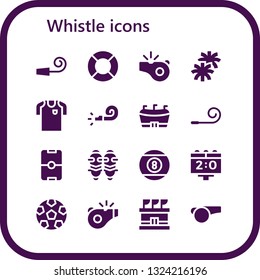 whistle icon set. 16 filled whistle icons.  Collection Of - Party whistle, Lifeguard, Pom pom, Football jersey, Football, Party blower, Shin guards, Billiard, Scoreboard