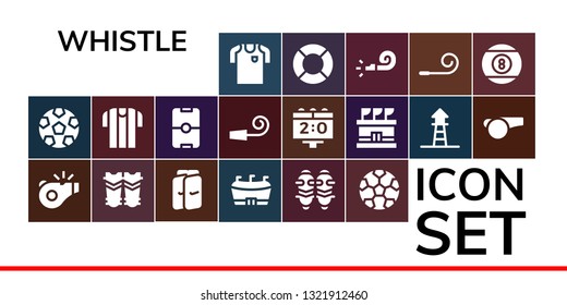 whistle icon set. 19 filled whistle icons.  Simple modern icons about  - Football jersey, Soccer, Referee, Shin guards, Football, Party whistle, Scoreboard, Stadium, Lifeguard