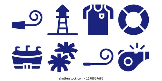  whistle icon set. 8 filled whistle icons. Simple modern icons about  - Football, Party whistle, Pom pom, Lifeguard, Party blower, Football jersey, Referee