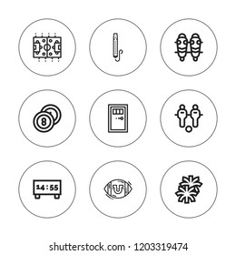Whistle icon set. collection of 9 outline whistle icons with billiards, football, penalty, pom pom, scoreboard, shin guards, soccer icons. editable icons.
