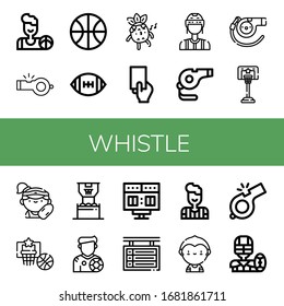 whistle icon set. Collection of Basketball, Whistle, American football, Red card, Referee, Lifeguard, Footballer, Scoreboard, Soccer player icons