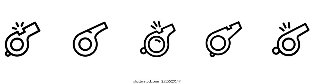 Whistle icon set. Whistle icon collection. Soccer or football match referee whistle vector icon. Trainer coach blow whistle emblem. Vector Illustration. EPS 10