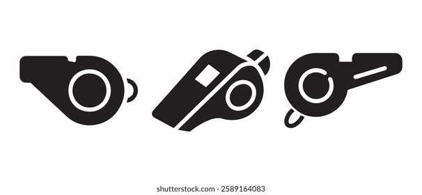 Whistle icon set. Whistle icon collection. Soccer or football match referee whistle vector icon. Trainer coach blow whistle emblem. Vector Illustration. EPS 10