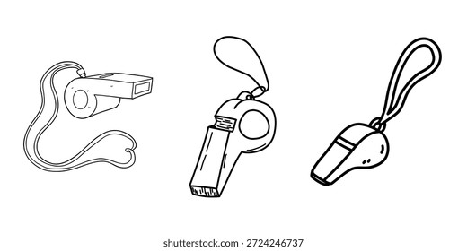 Conjunto de iconos de silbato aislado en el fondo blanco para la alerta de seguridad deportiva del árbitro y el diseño de la señal.
