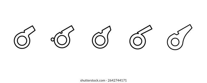 Whistle icon set. Soccer or football match referee whistle vector icon. A whistle to attract attention. A tool of the referee or coach. The countdown begins. Vector Illustration