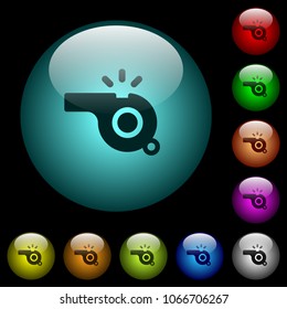 Whistle icons in color illuminated spherical glass buttons on black background. Can be used to black or dark templates
