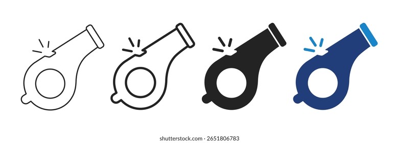 Whistle icons set. Editable stroke sport referee whistle symbols. Collection of black, outline and flat style vector illustrations