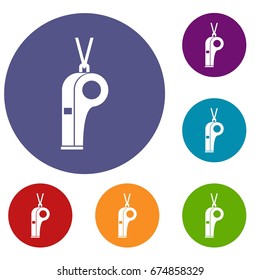 Whistle icons set in flat circle reb, blue and green color for web