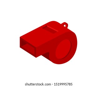 Whistle isometric vector illustration. Red sport games judgement tool for blowing sound. Warning instrument isolated on white background. Police officer, referee accessory for drawing attention