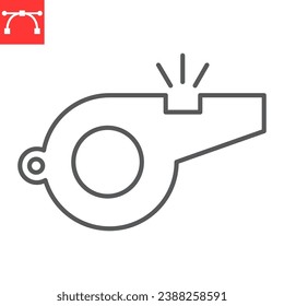 Whistle line Symbol, Gebläse und Richter, Schiedsrichter Pfeifen-Vektorsymbol, Vektorgrafik, bearbeitbares Strich Umriss-Zeichen, eps10.