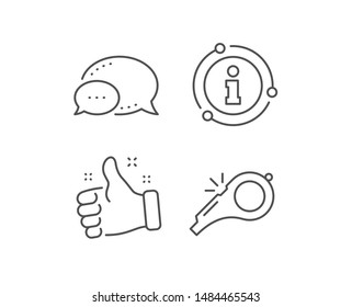 Whistle line icon. Chat bubble, info sign elements. Kick-off sign. Referee tool symbol. Linear whistle outline icon. Information bubble. Vector