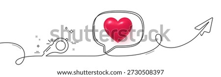 Whistle line icon. Continuous line with share plane. Kick-off sign. Referee tool symbol. 3d heart in speech bubble. Whistle single line ribbon. Loop curve pattern. Vector